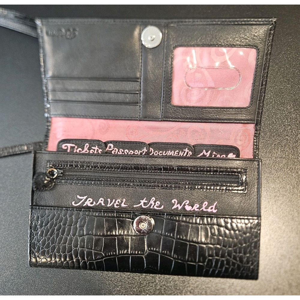 Brighton Croc Embossed Leather Crossbody Travel The World Organizer‎ Black - Picture 3 of 9